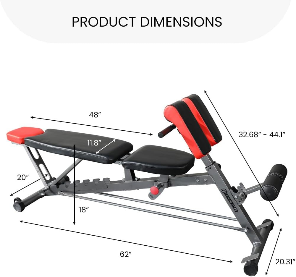 Versatile FID Weight Bench for Comprehensive Full-Body Workouts – Includes Hyper Back Extension, Roman Chair, Adjustable Ab Sit-Up Bench, Incline/Decline Bench, and Flat Bench