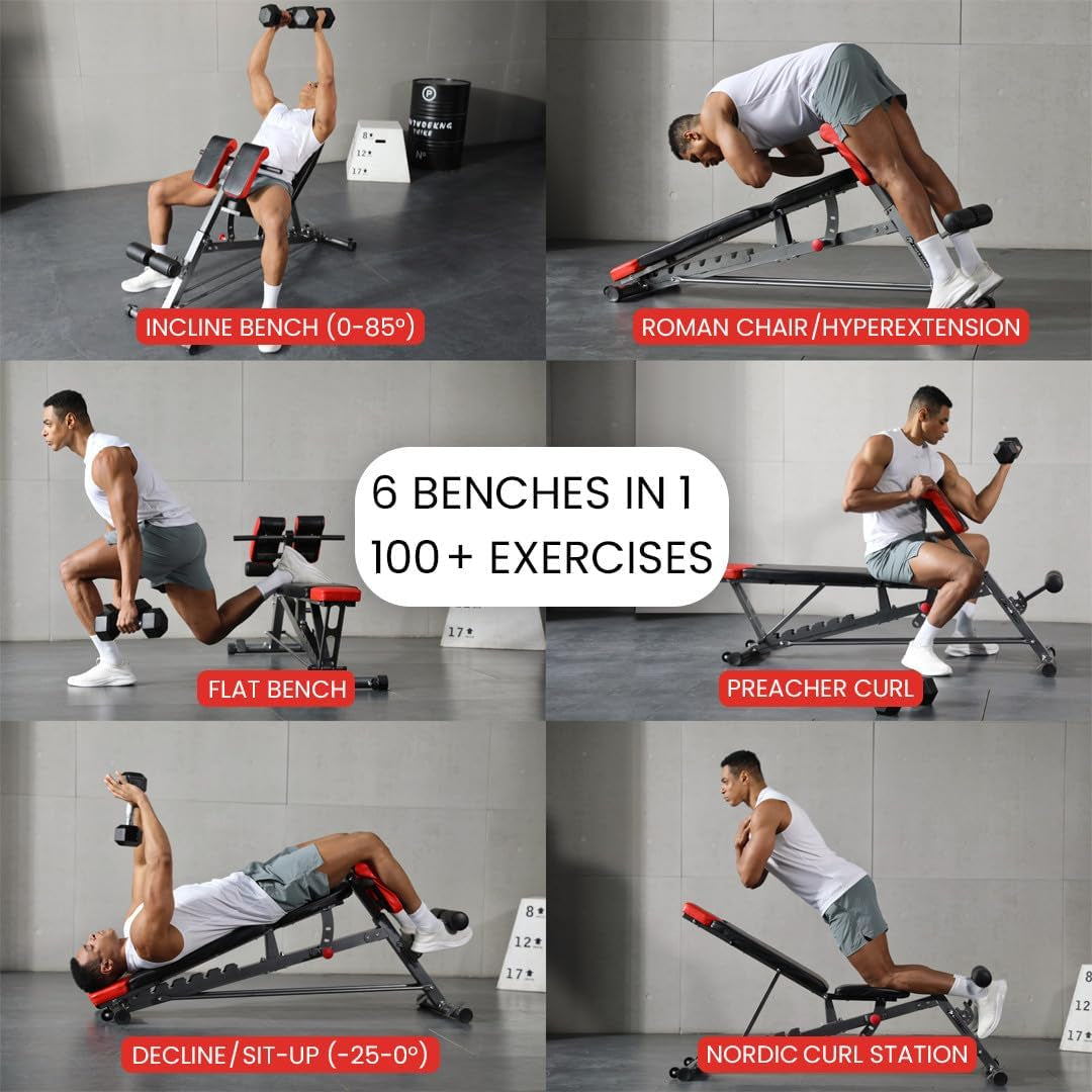 Versatile FID Weight Bench for Comprehensive Full-Body Workouts – Includes Hyper Back Extension, Roman Chair, Adjustable Ab Sit-Up Bench, Incline/Decline Bench, and Flat Bench