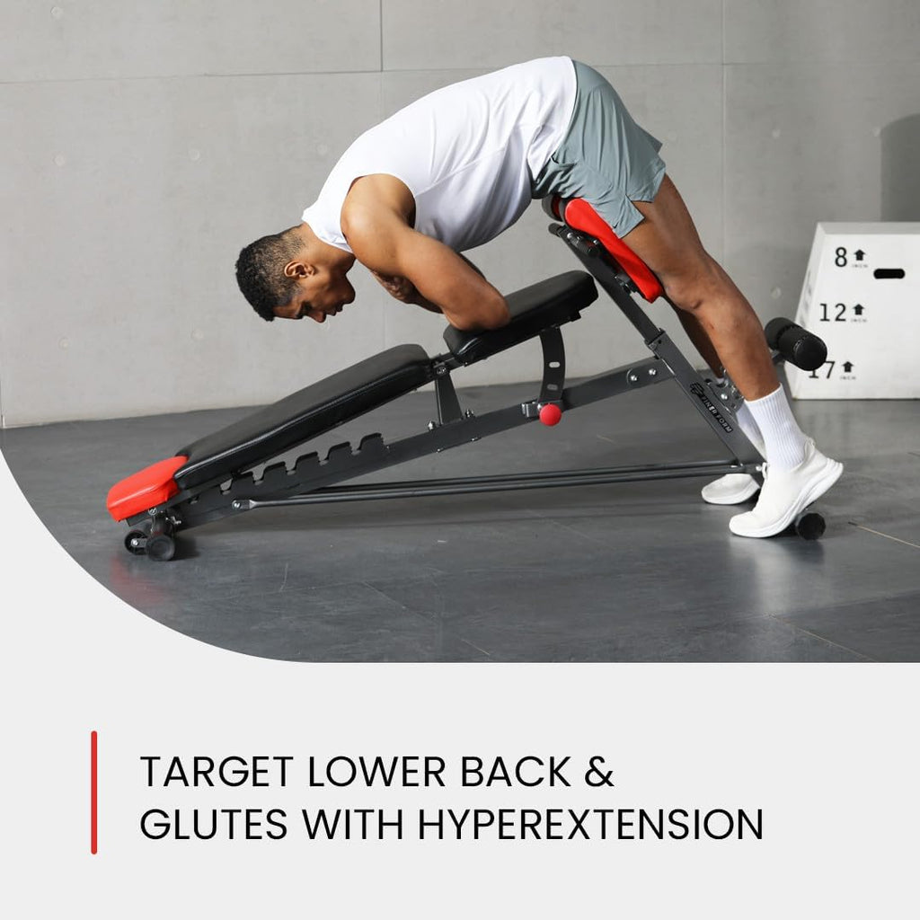 Versatile FID Weight Bench for Comprehensive Full-Body Workouts – Includes Hyper Back Extension, Roman Chair, Adjustable Ab Sit-Up Bench, Incline/Decline Bench, and Flat Bench
