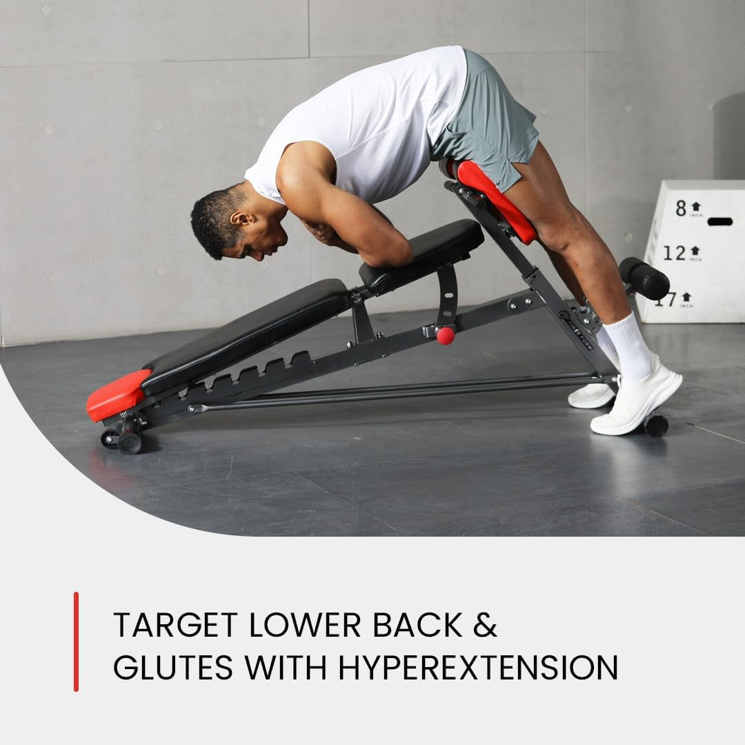 Versatile FID Weight Bench for Comprehensive Full-Body Workouts – Includes Hyper Back Extension, Roman Chair, Adjustable Ab Sit-Up Bench, Incline/Decline Bench, and Flat Bench