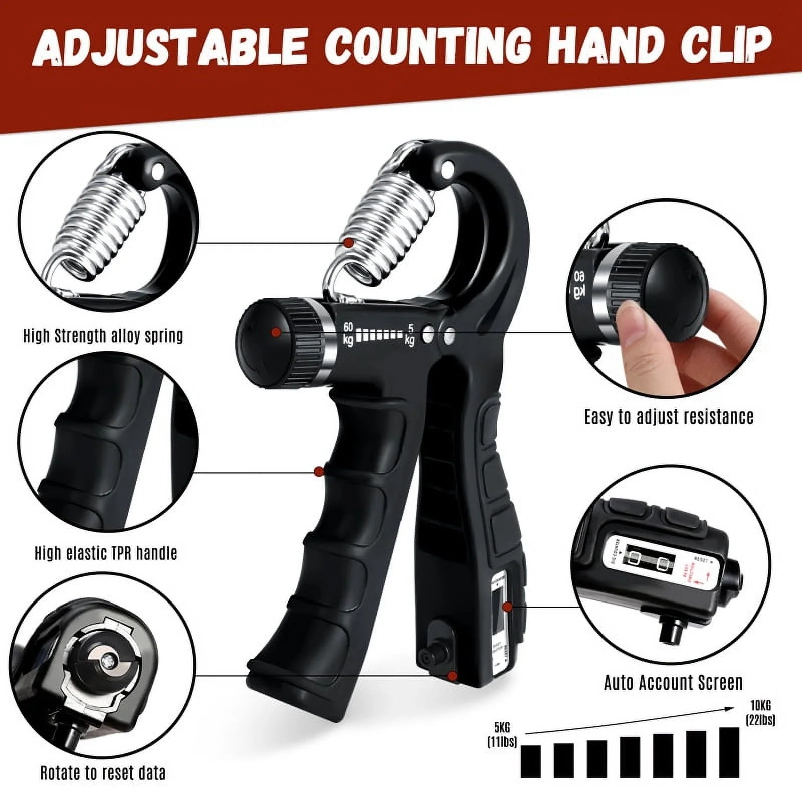 6-Pack Adjustable Grip Strength Training Kit with Counter, Resistance Range 10 to 132 lbs, Includes Hand Gripper, Hand Extension Exerciser, and Forearm Workout Ring for Muscle Development and Rehabilitation